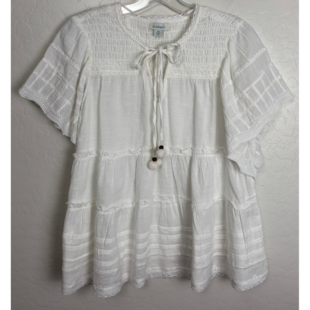Sundance White Cotton Smocked Tiered Peasant Blouse Pom Pom Tassel XS 2319
